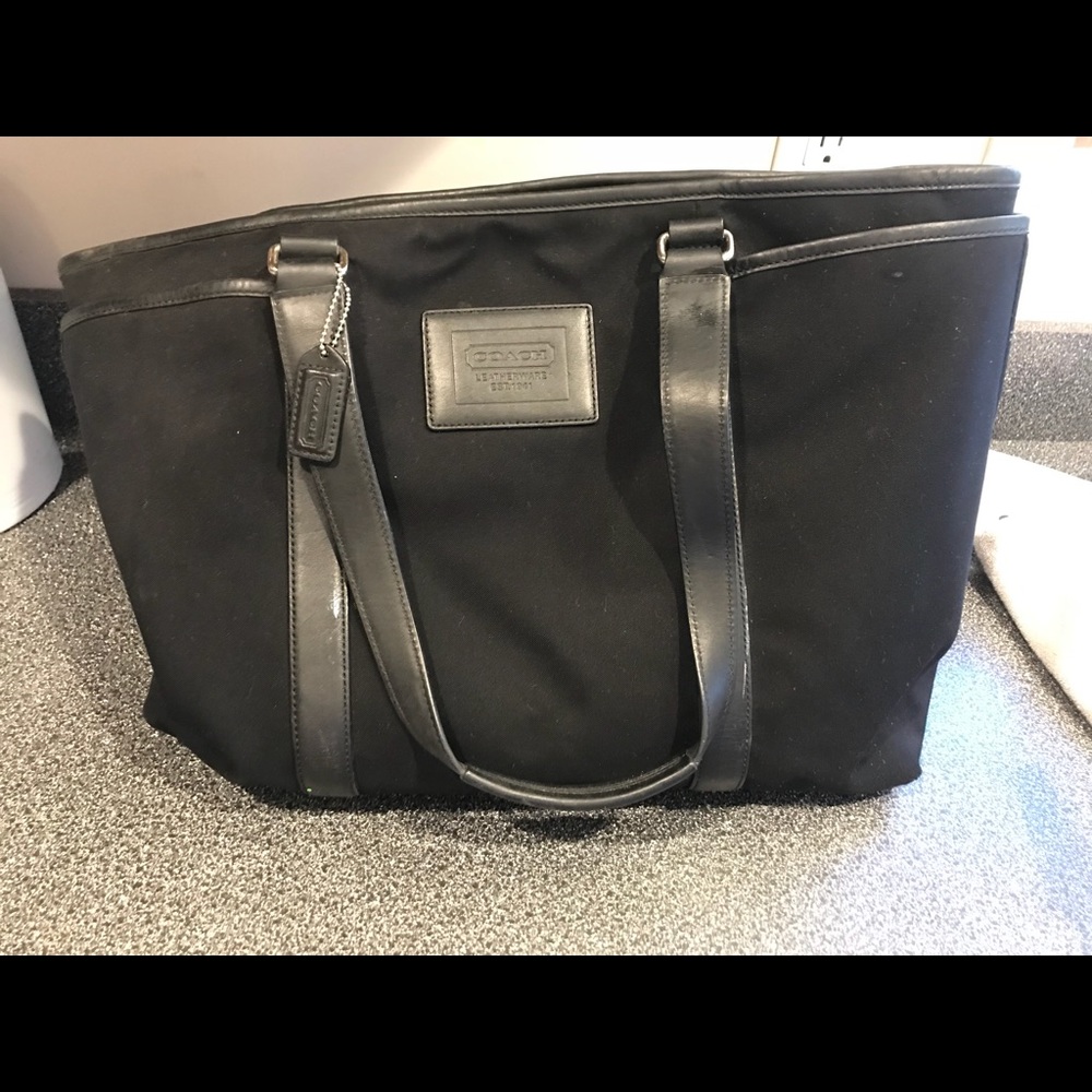 Black leather and canvas coach bag